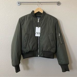 Zara Cropped Bomber Jacket Green Sz:S